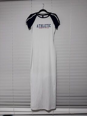 Athletic Sports Style White & Navy Baseball Tee Maxi Dress
